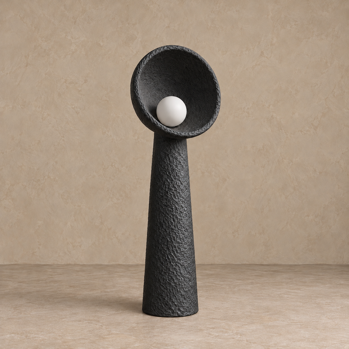 Medium black Calla plaster lamp, 120 cm high with a 40 cm bowl and an unlit globe bulb.