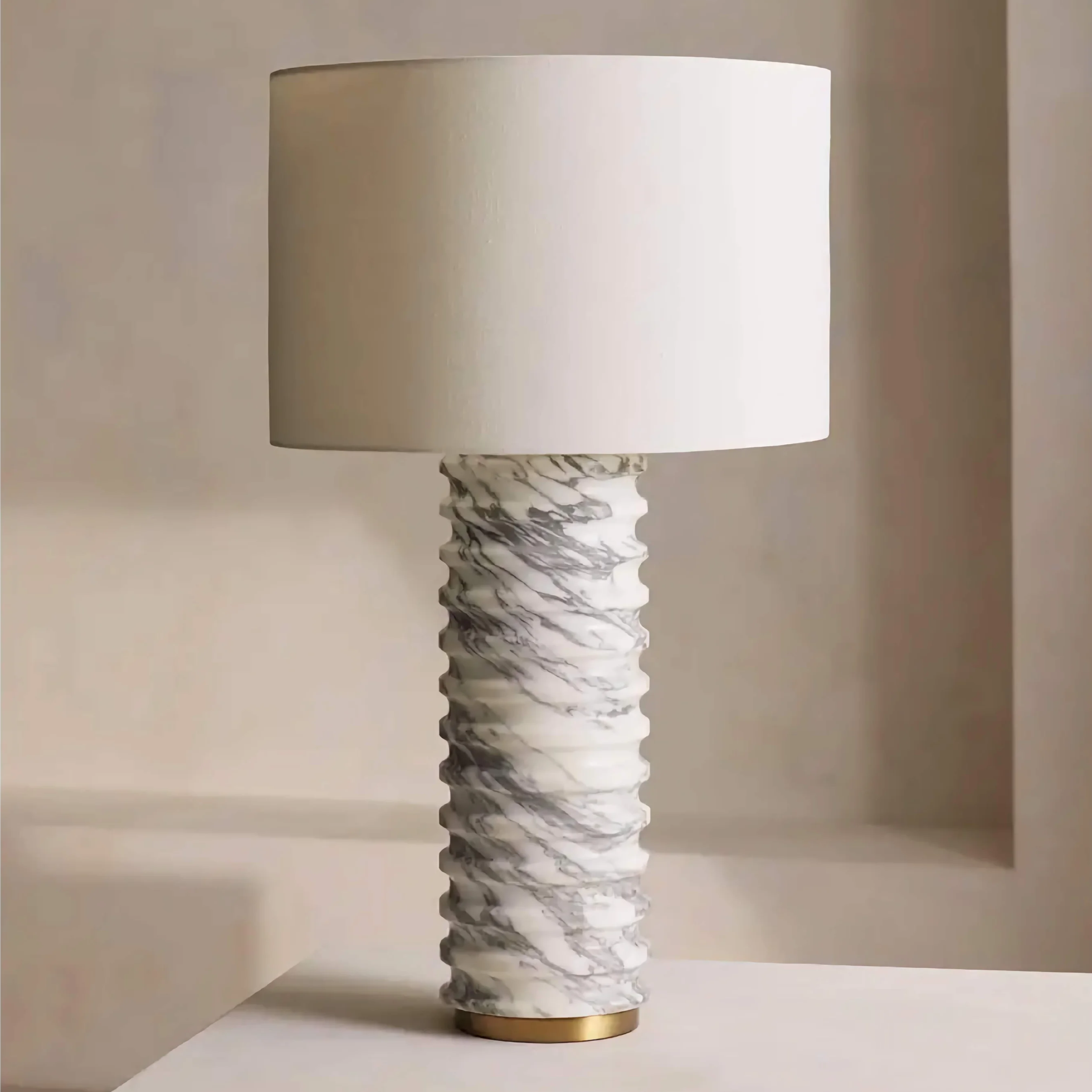 Carved Italian Marble Table Lamp | Drum Shade Modern Column
