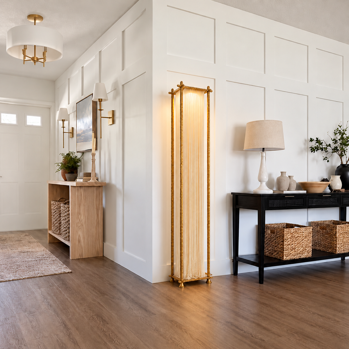 Illuminated Cascade silk floor lamp beside a black console in a white panelled hallway.