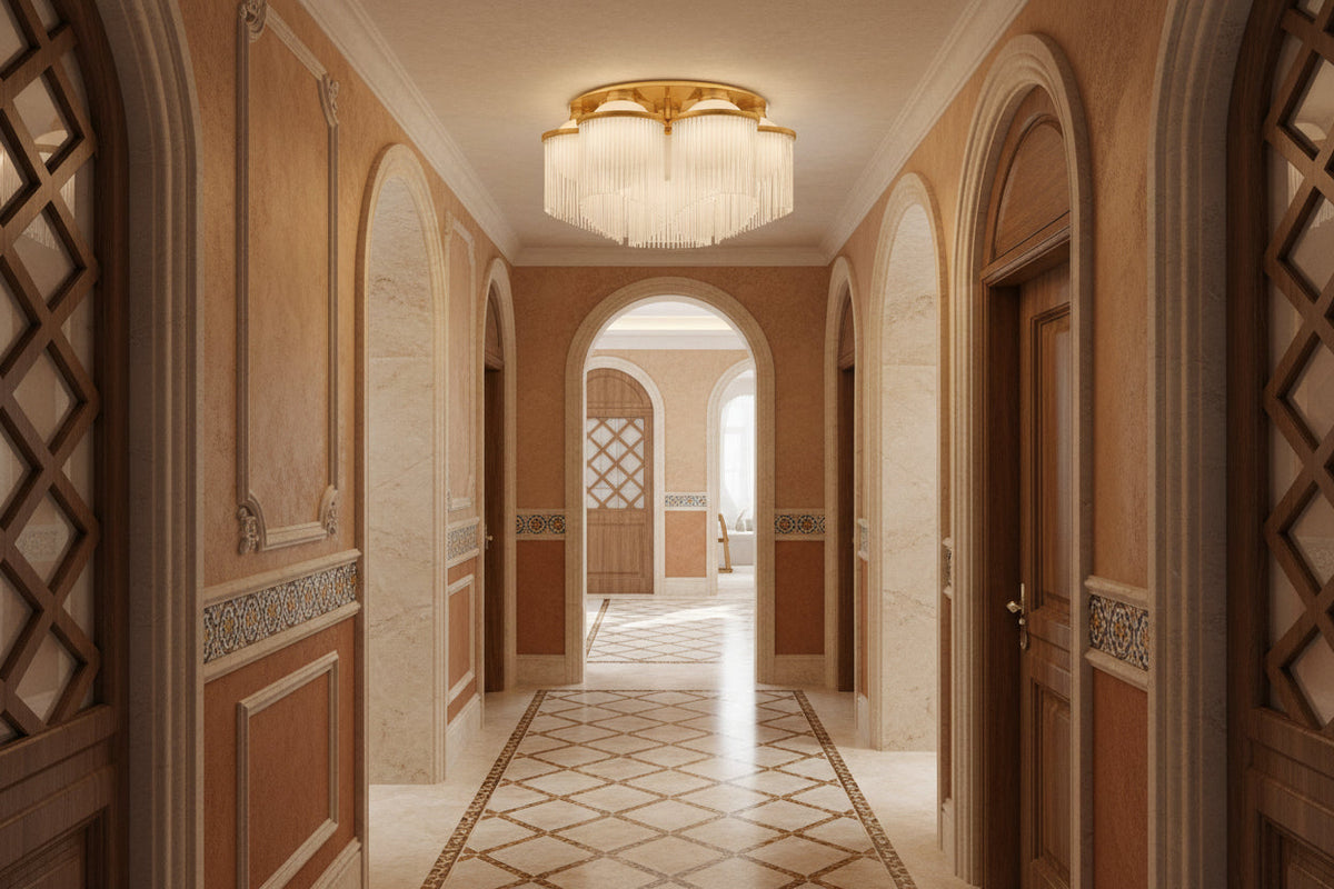Celestial Crystal Flush Mount | Cascading Crystal-rod Brass Ceiling Light Art Deco Bedroom & Hallway Casalolalights