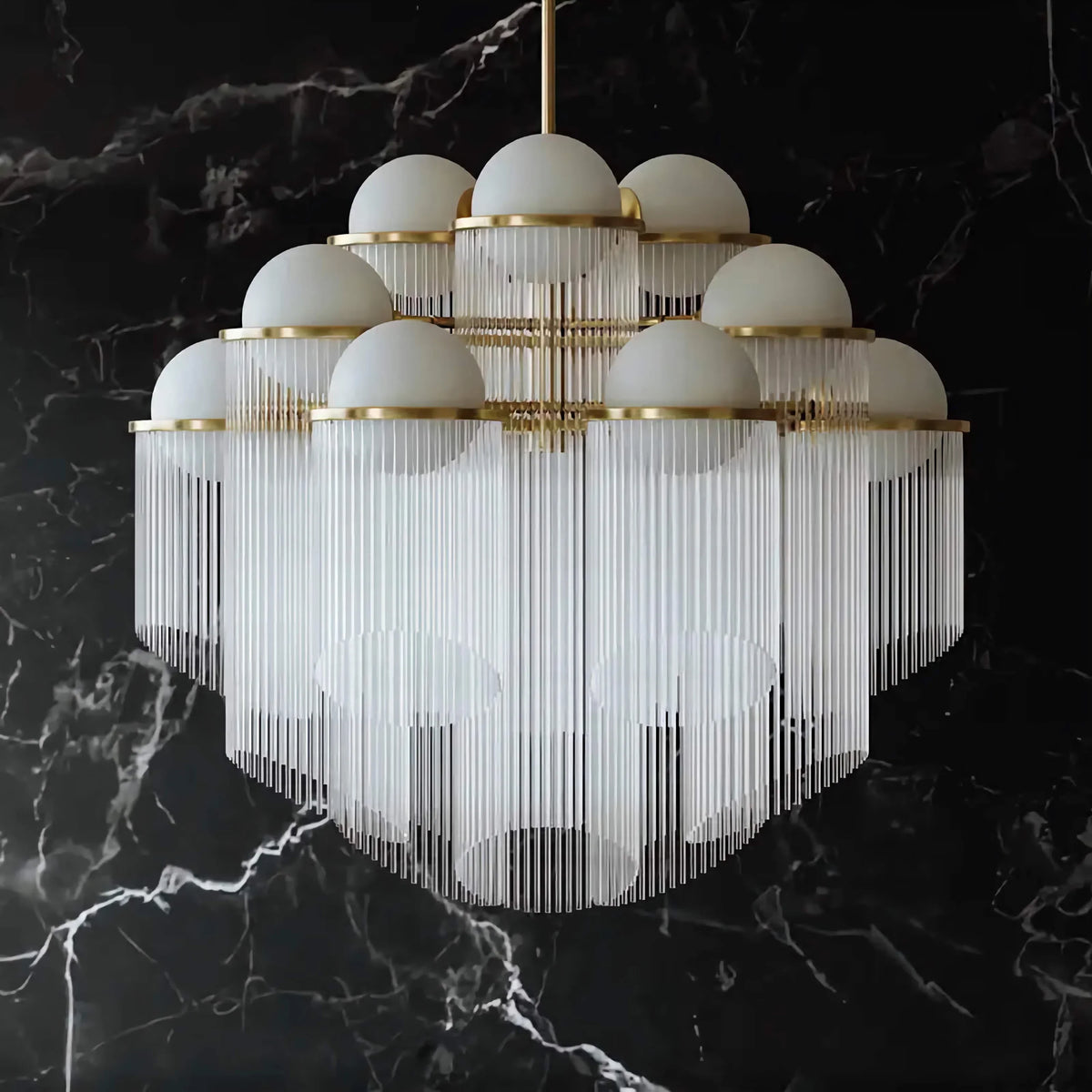 Cascading Glass Rod Chandelier | 12-light Opal Globe & Brass Art Deco Dining Foyer Casalolalights Luxury Lamps