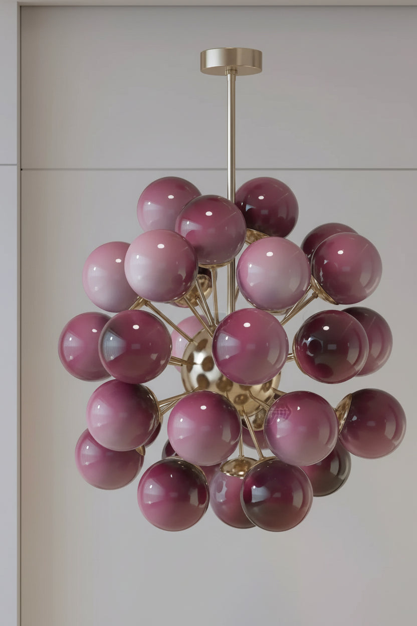 Cherry Murano Glass Globe Chandelier in Gold Iron | Luxury Modern Ceiling Light for Bedroom & Living Room