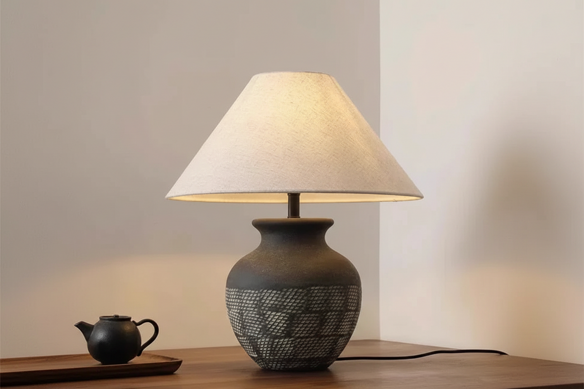 Ceramic Table Lamp 52cm | Japandi Chrome-detail Bedside with Fabric Shade Minimalist Bedroom & Living Casalolalights