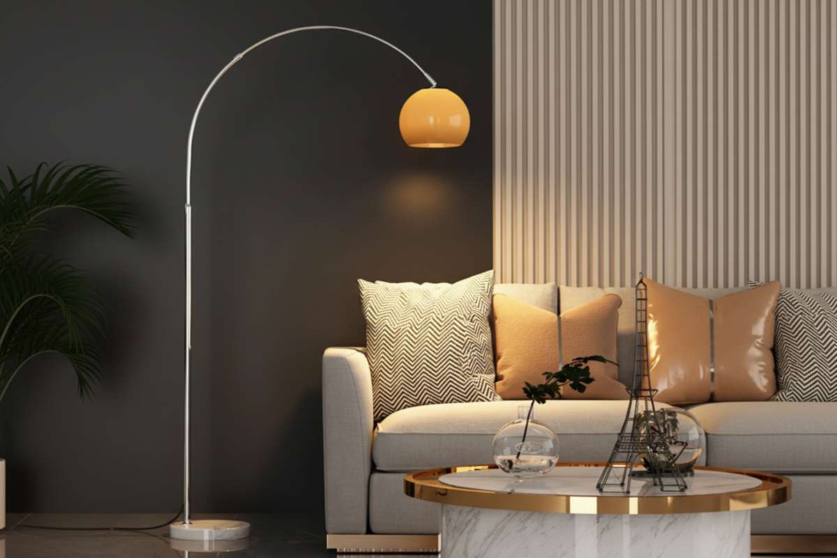 Chrome Arc Floor Lamp Marble Base | 50cm Reach Orange or White Shade E26/e27 Dimmable Option Casalola Lights Luxury