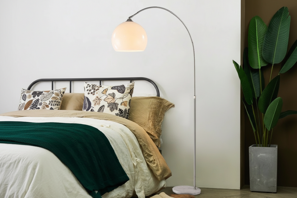 Chrome Arc Floor Lamp Marble Base | 50cm Reach Orange or White Shade E26/e27 Dimmable Option Casalola Lights Luxury