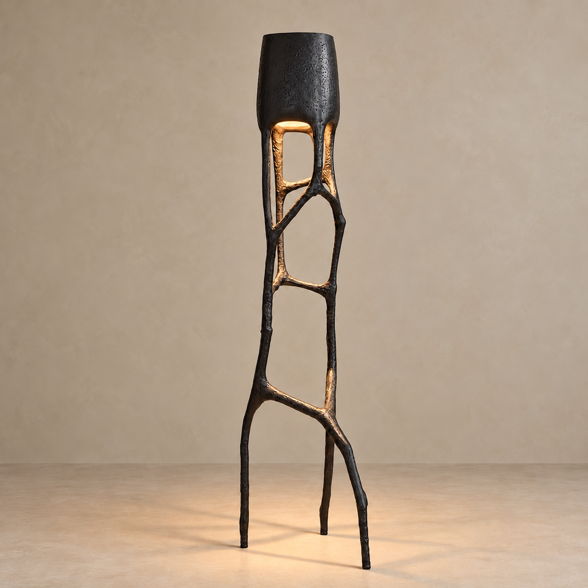 CL002 branching floor lamp illuminated from beneath its upper housing.
