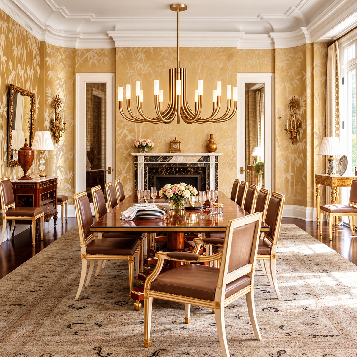 Grand Brass Candelabra chandelier above a wooden dining table in a patterned dining room