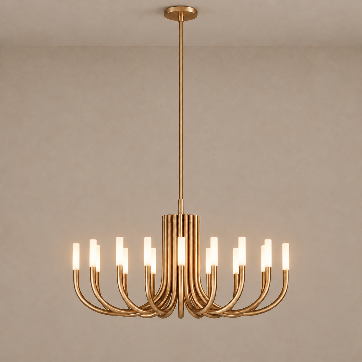 Grand Brass Candelabra chandelier with a full suspension rod and illuminated cylindrical shades
