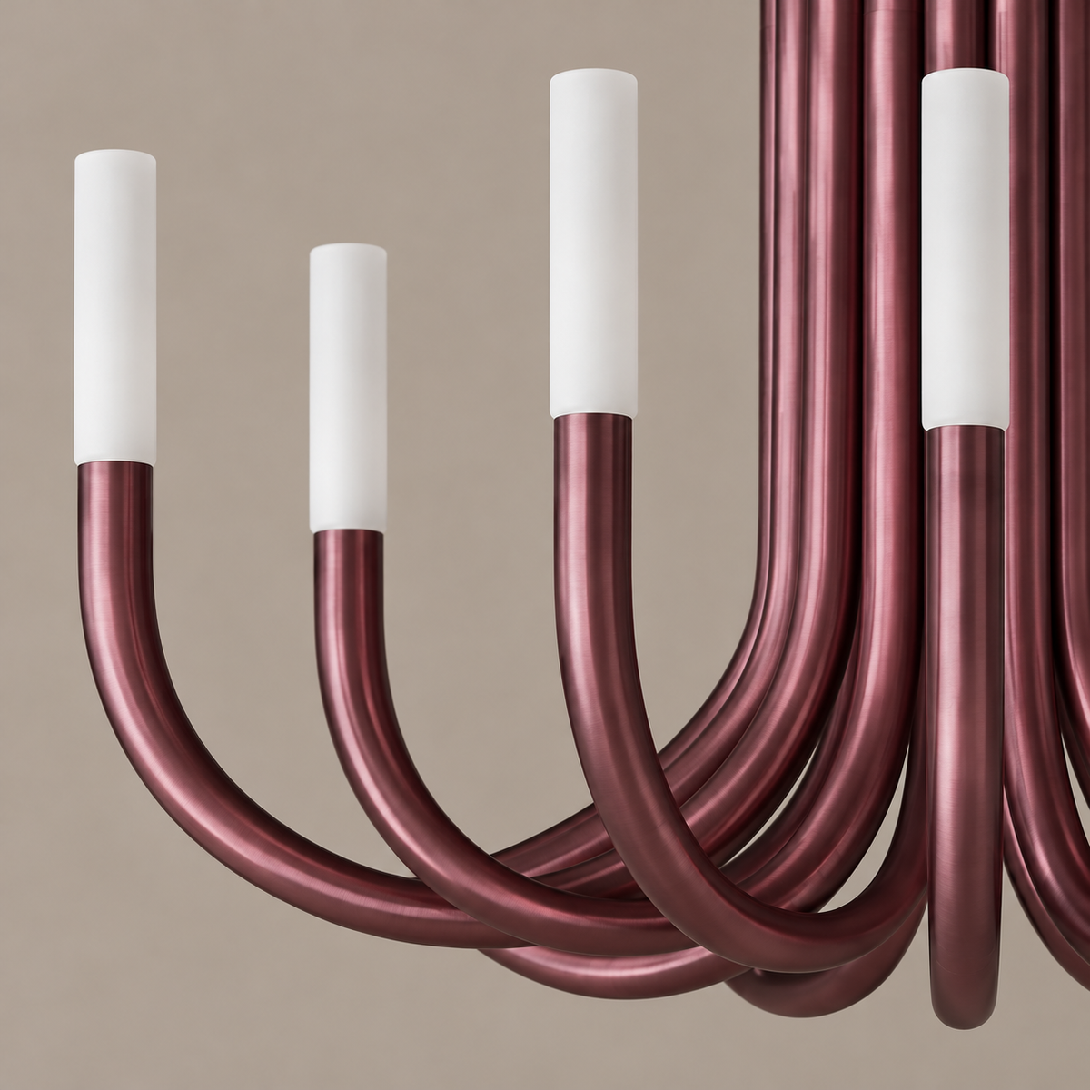 Close-up of the Grand Red Candelabra’s burgundy metal curves and white cylindrical shades