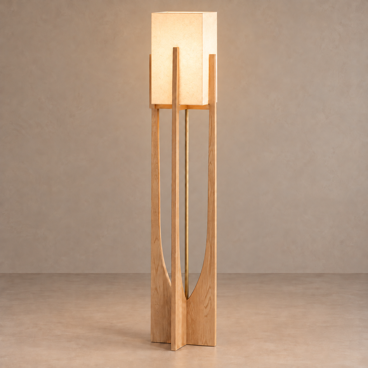Large CL4255 ash floor lamp with its rectangular shade glowing above the open wooden frame.