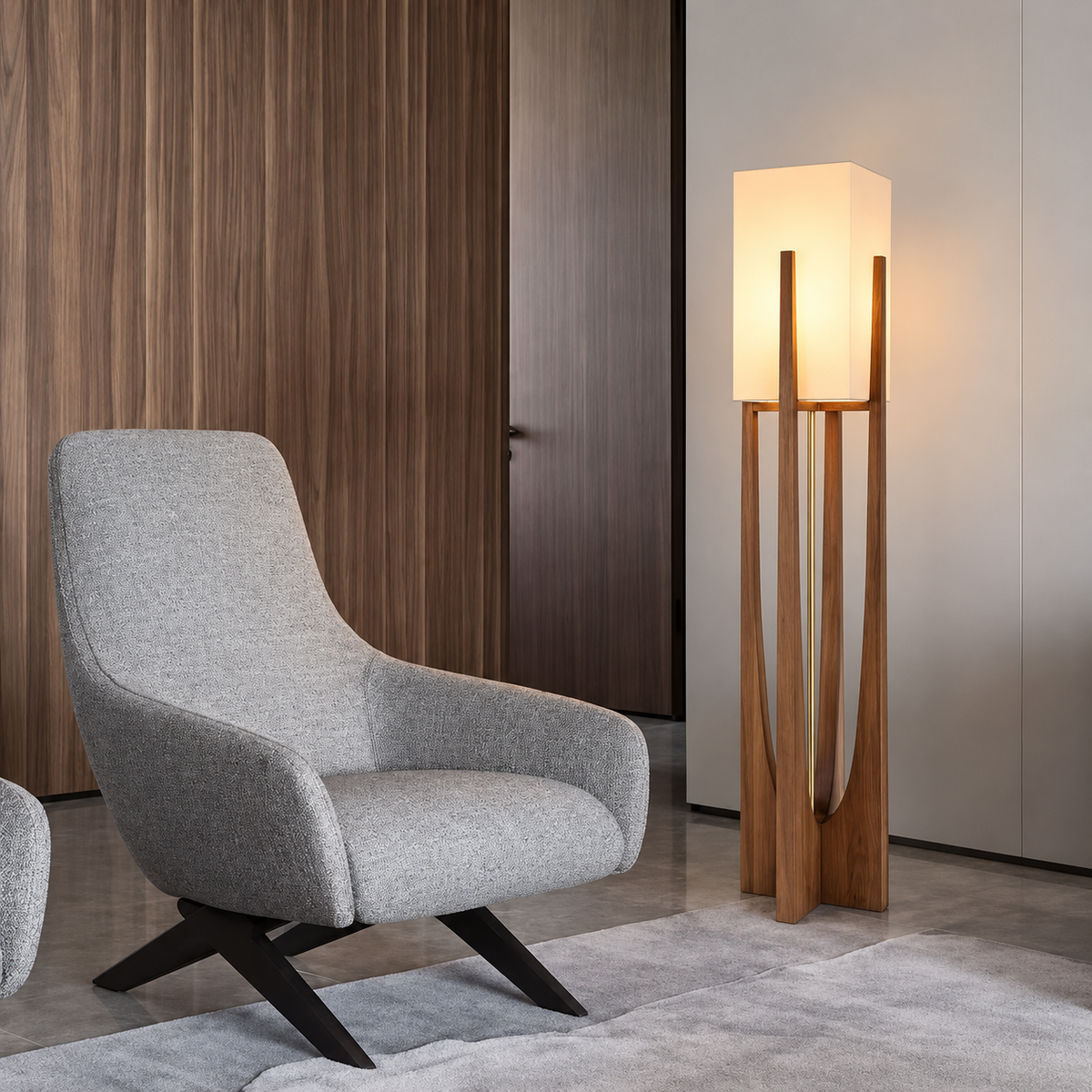 Large CL4255 walnut floor lamp beside a grey lounge chair against wood and pale wall panels.