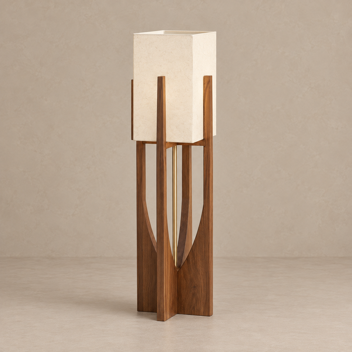 Medium 82 cm CL4255 walnut lamp with a rectangular cream shade and crossed wooden base.