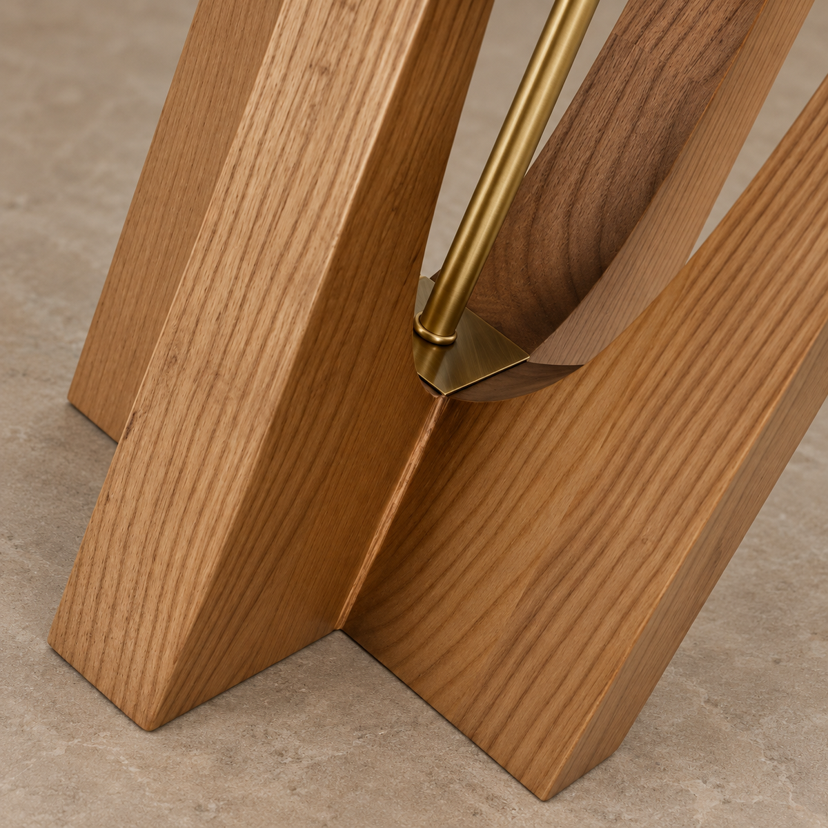 Close view of the CL4255 intersecting wooden panels and brass tube mounting.