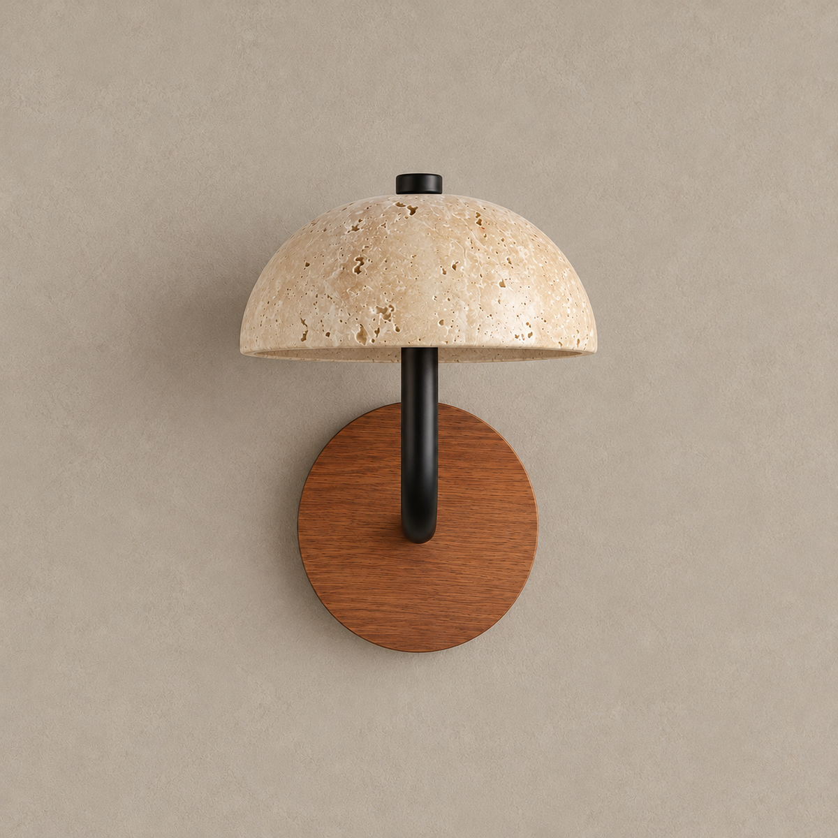 Front view of the travertine dome wall light and wooden backplate