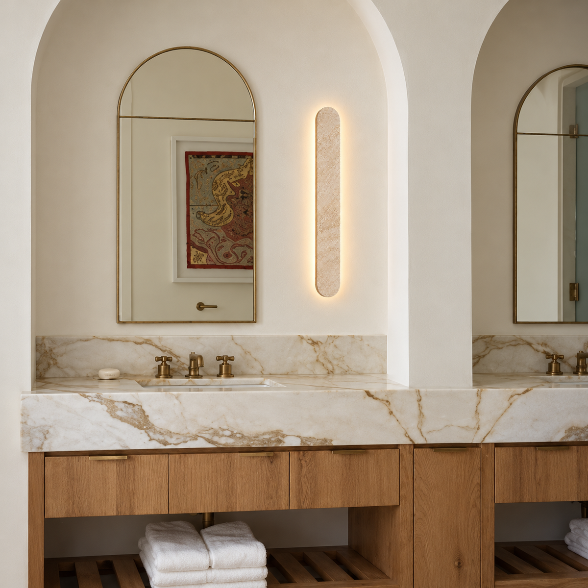 60 cm travertine wall light beside an arched bathroom mirror and marble vanity.