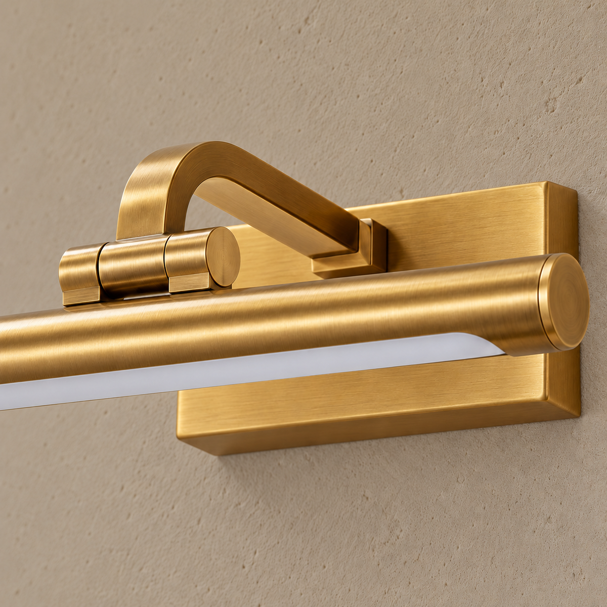 Brass linear LED picture light, close view of materials and mounting