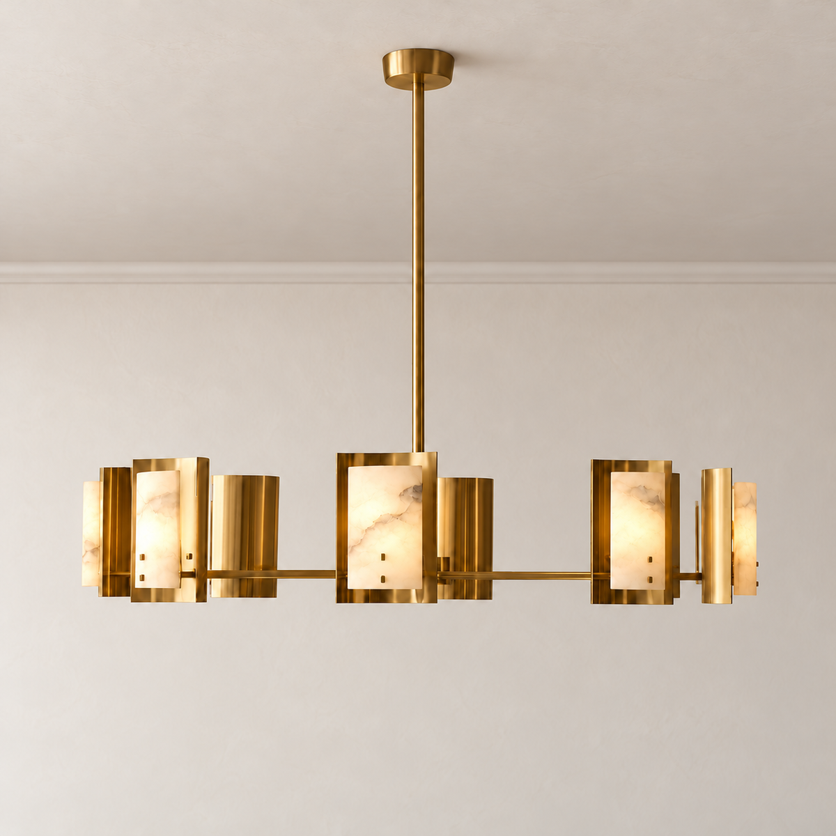 Eight-light brass chandelier illuminated through naturally clouded alabaster panels.