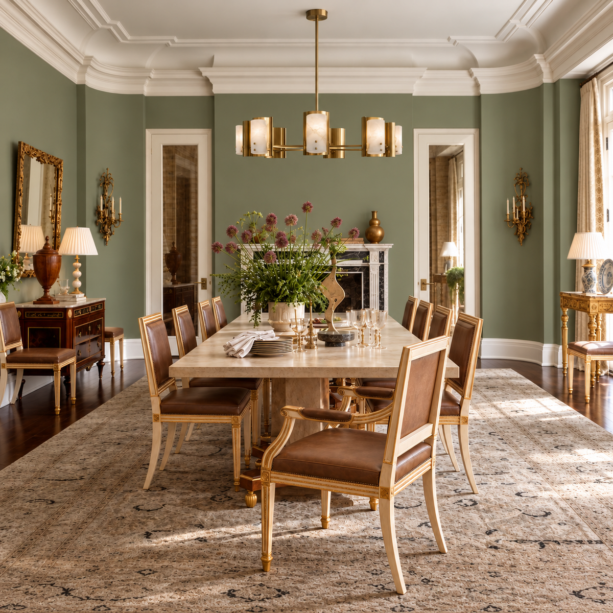 Brass and alabaster chandelier in a sage-green dining room.