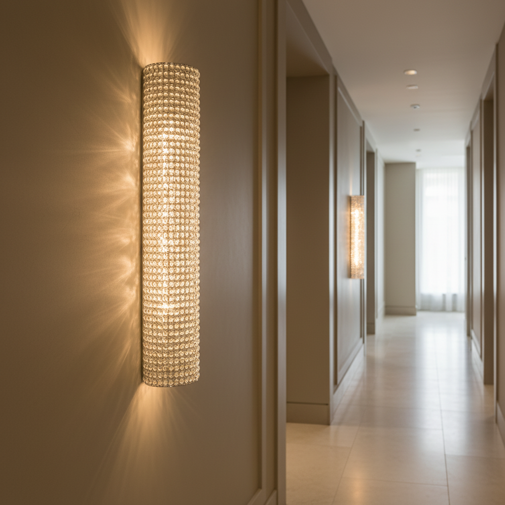 Clear Crystal Column Wall Sconce Silver | Art Deco Hallway Light Staircase 53 or 90cm 2 Bulbs Casalola Lights Luxury