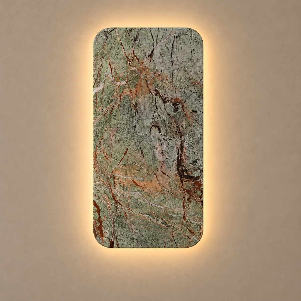 Green marble rectangular wall light, illuminated on a stone-beige wall