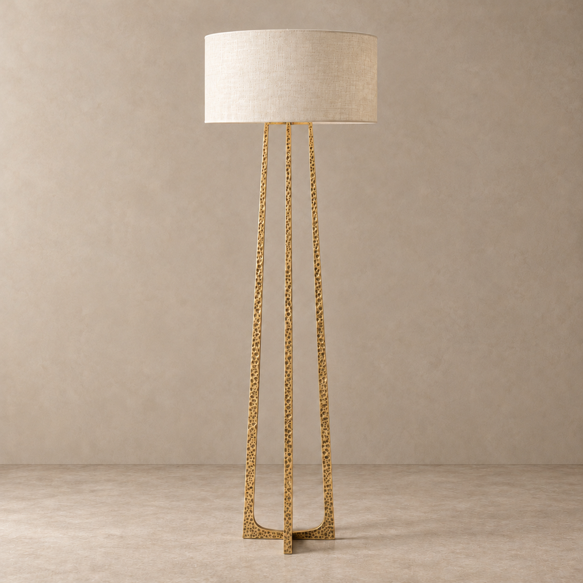 CLHJRH054 gold hammered-frame floor lamp with an ivory linen drum shade, switched off.