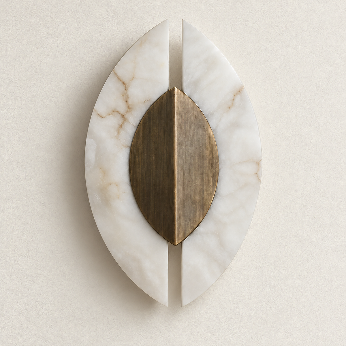 Alabaster wing wall sconce mounted on ivory plaster, switched off.