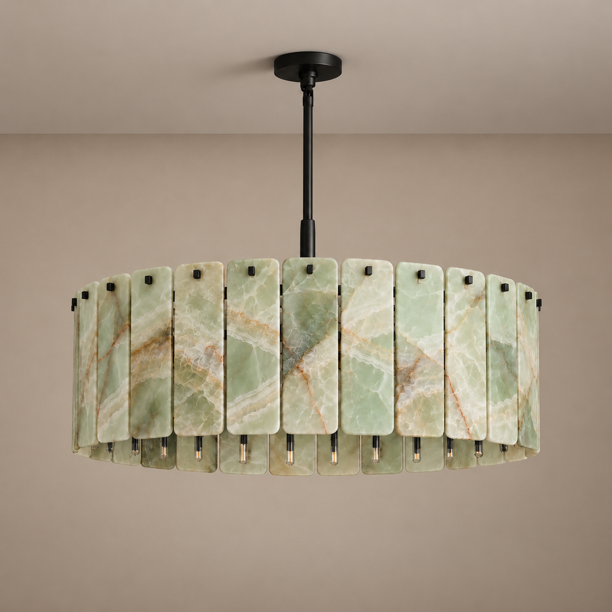 Matra Corona green onyx chandelier with black frame, rod and ceiling canopy, switched off.