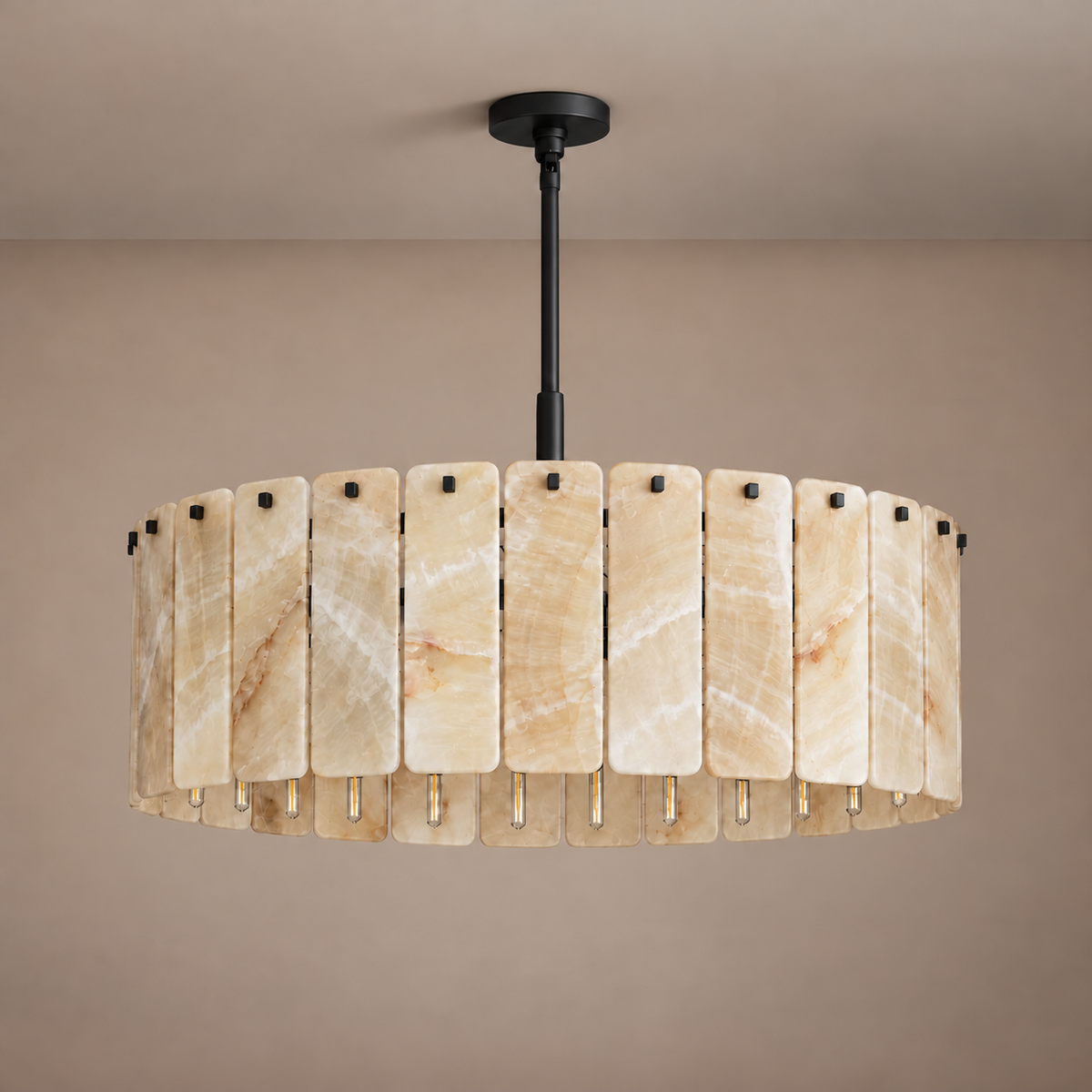 Matra Corona honey onyx chandelier with the matte black frame, rod and ceiling plate.