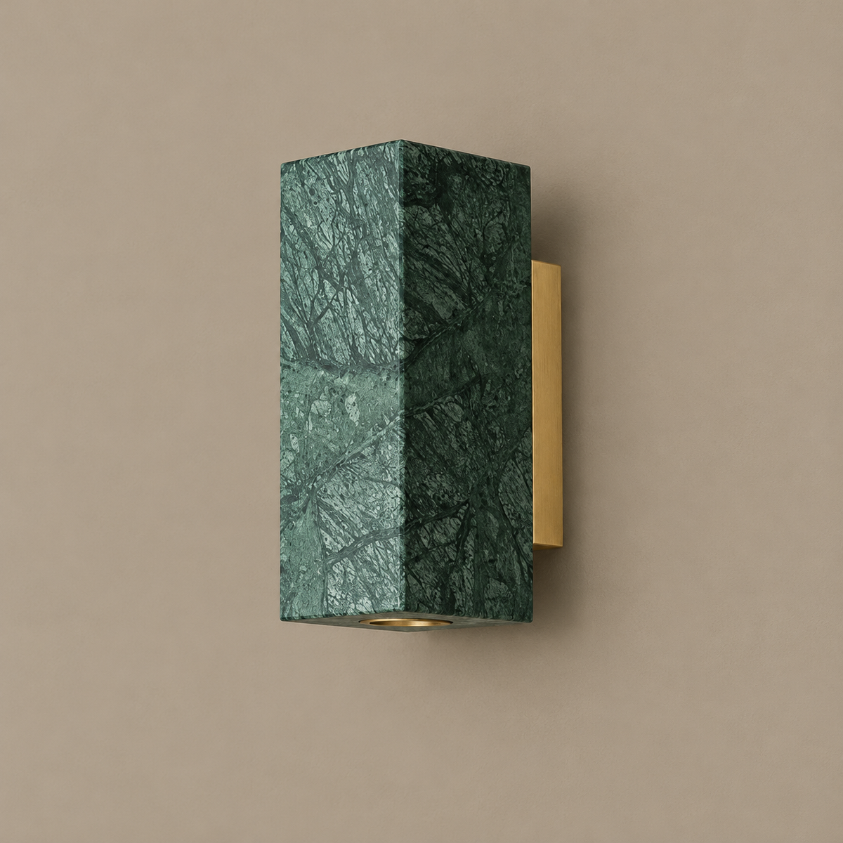 Marble block and brass wall sconce, green square version, unlit