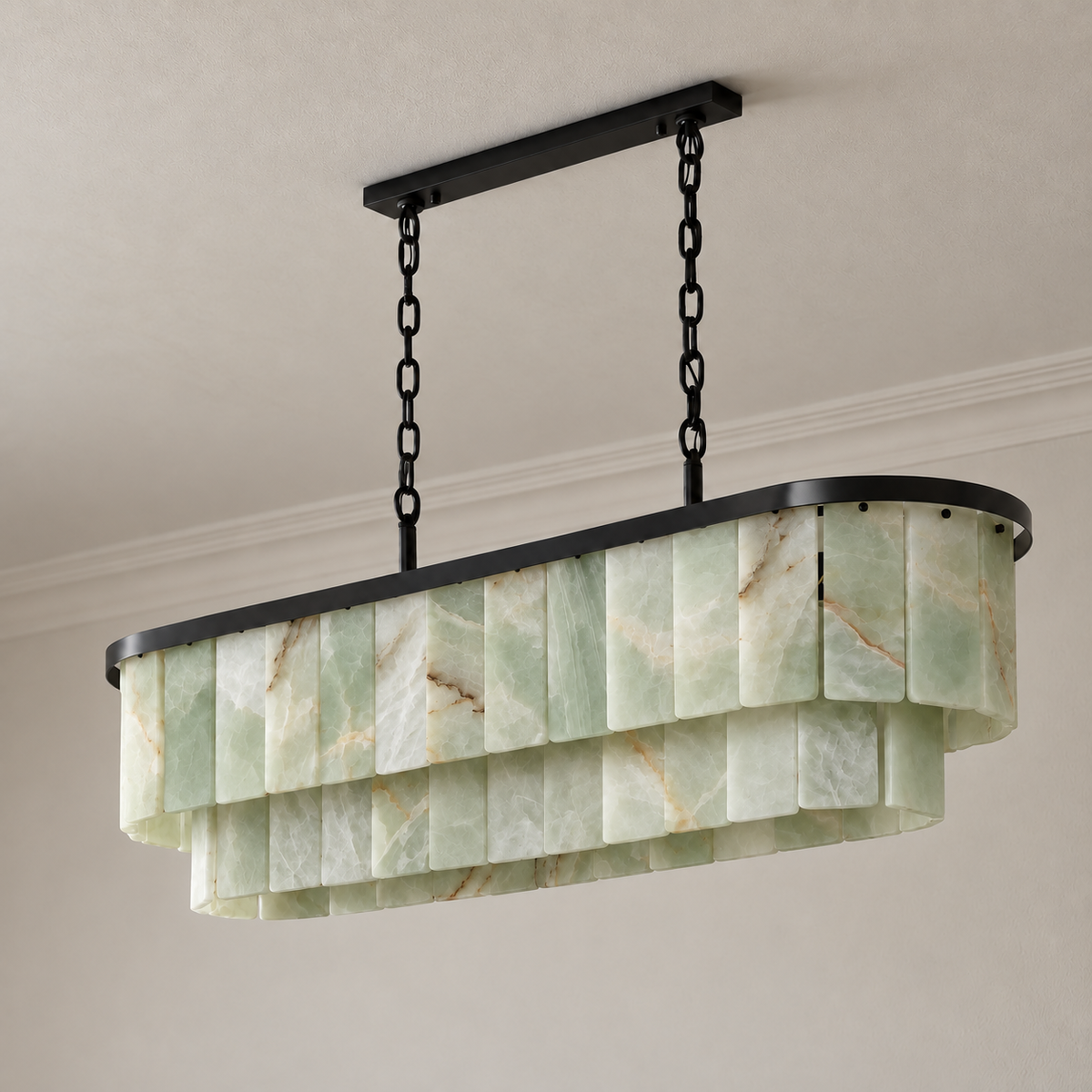 Green onyx linear chandelier with black frame and twin suspension chains, switched off.