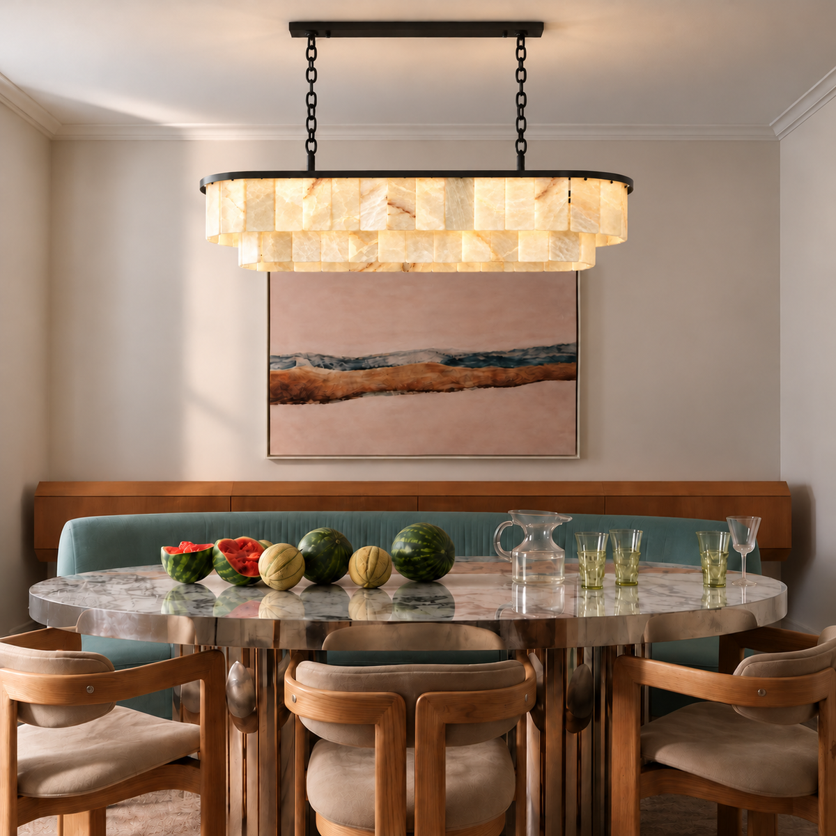 Honey onyx linear chandelier installed above a dining table.