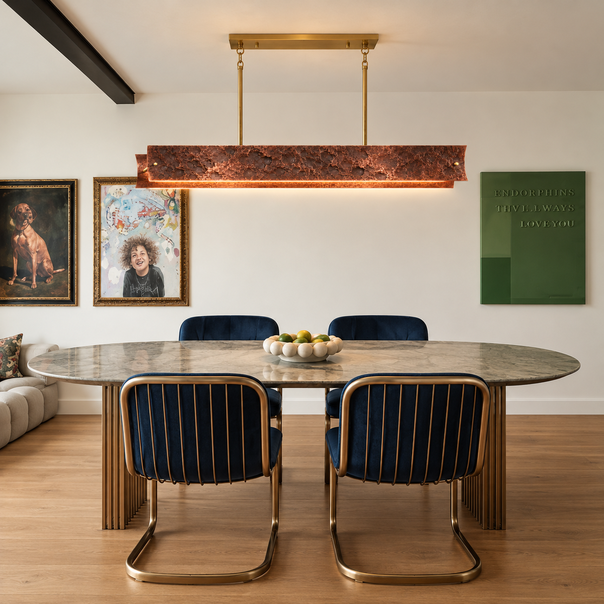 Textured copper Matera Horizon above a marble dining table