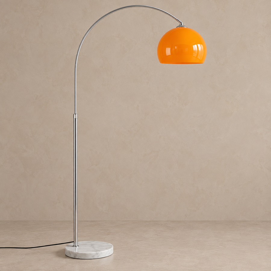 LAMPADA DA TERRA MODERNA AD ARCO IN CROMO CON PARALUME IN VETRO