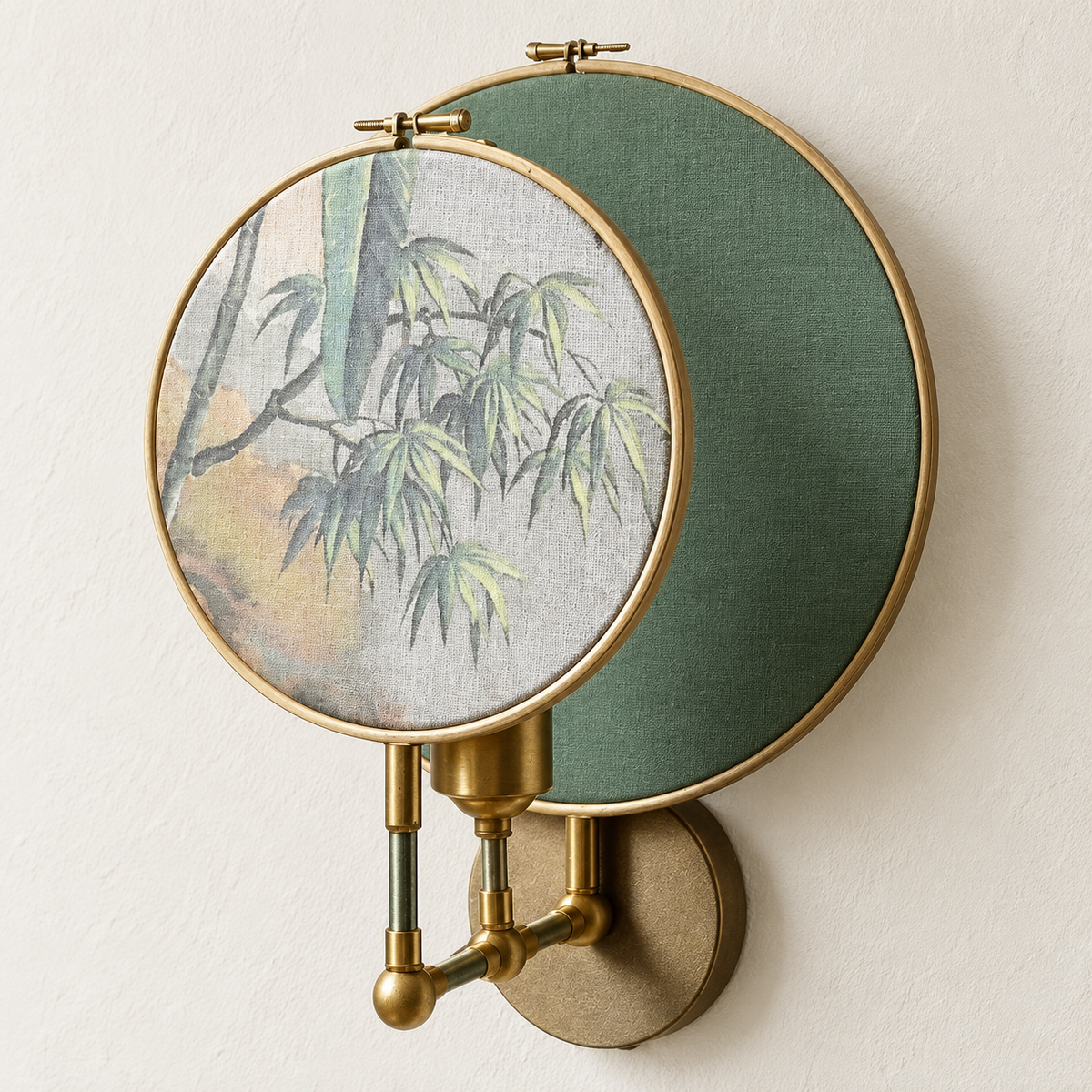 Luce di Rame wall sconce with emerald and botanical panels, switched off on ivory plaster.