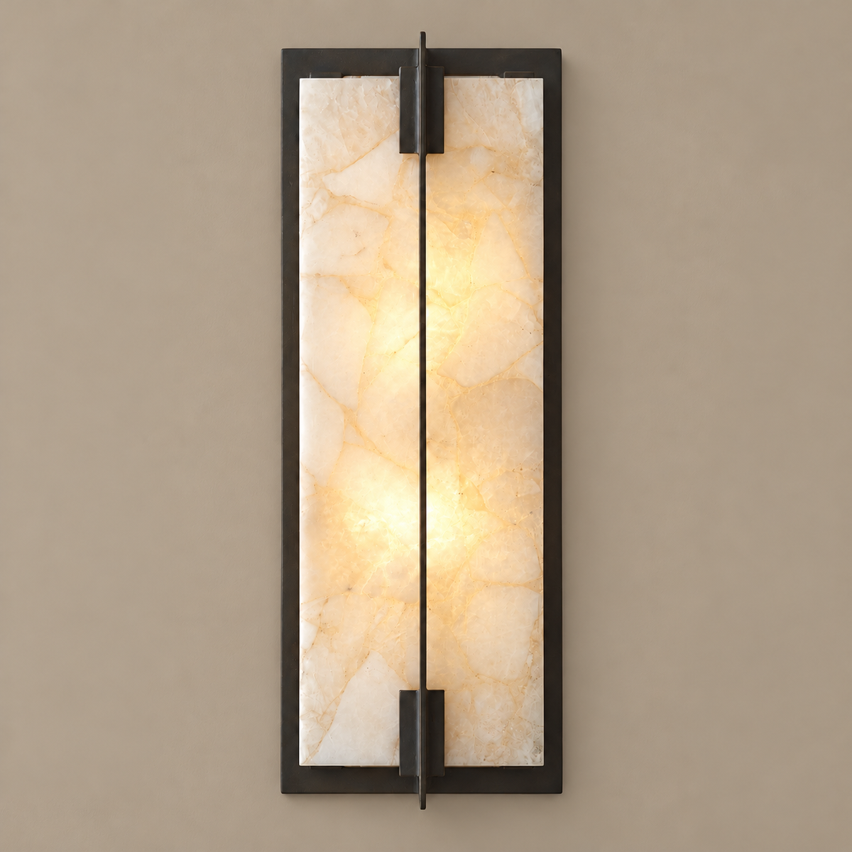 Quarzo quartz and black steel wall sconce, illuminated on a stone-beige wall