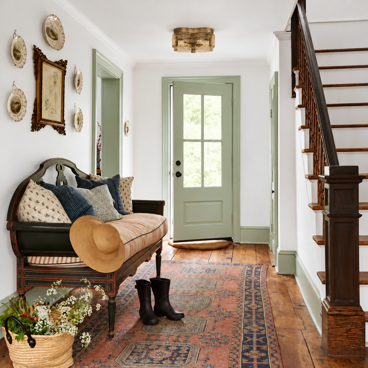 Compact amber glass flush mount on the ceiling of an entrance with a green door and antique bench.