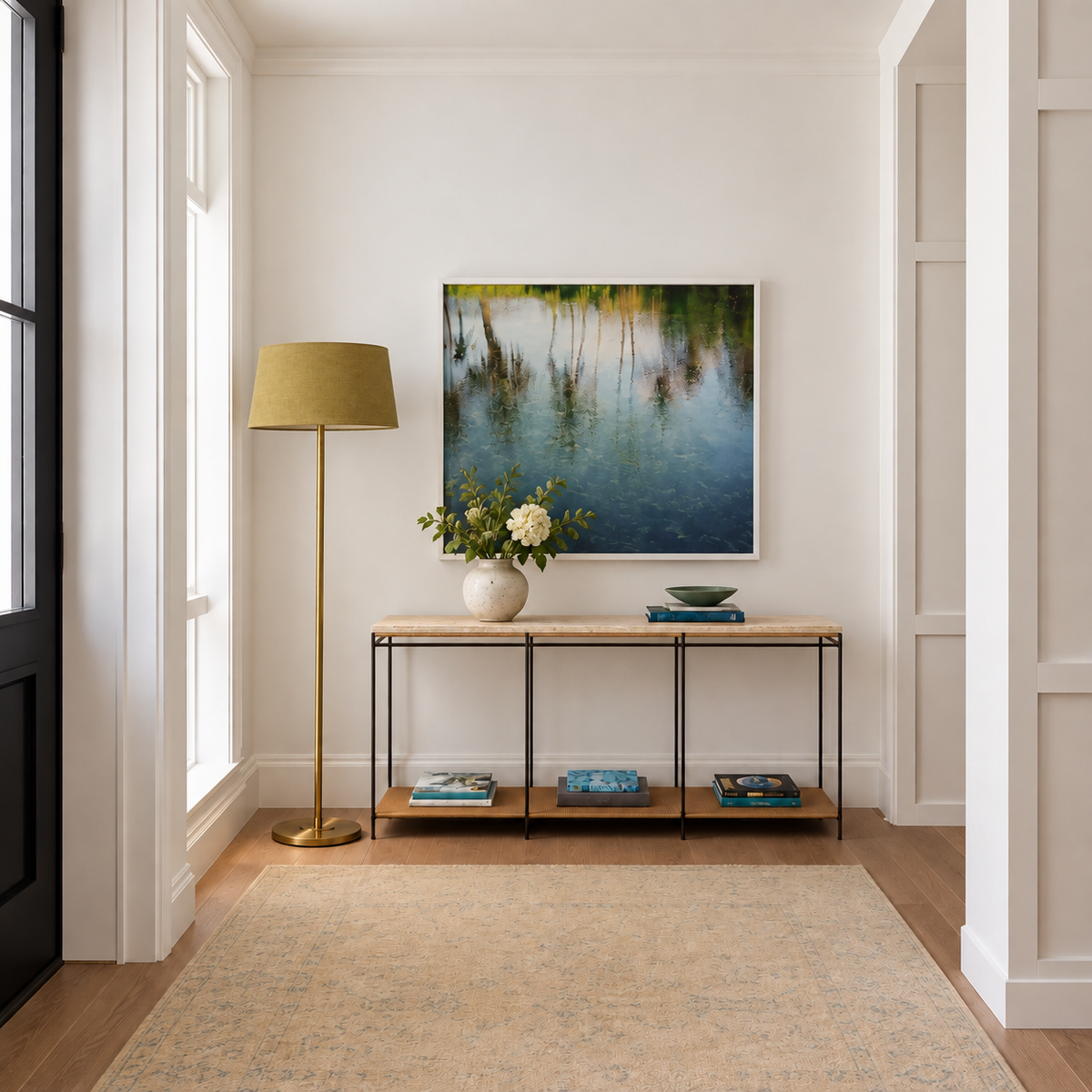 Brushed Brass Floor Lamp with olive linen shade in a furnished room.