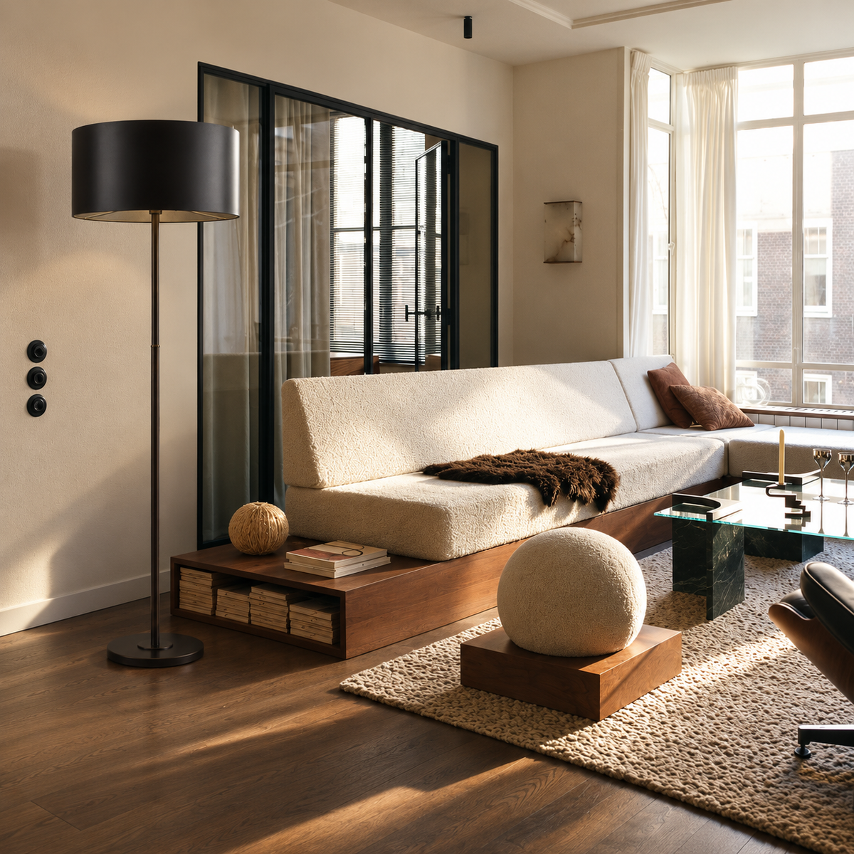 CLSEW025B black floor lamp beside a cream sofa on a walnut platform in a daylight living room.