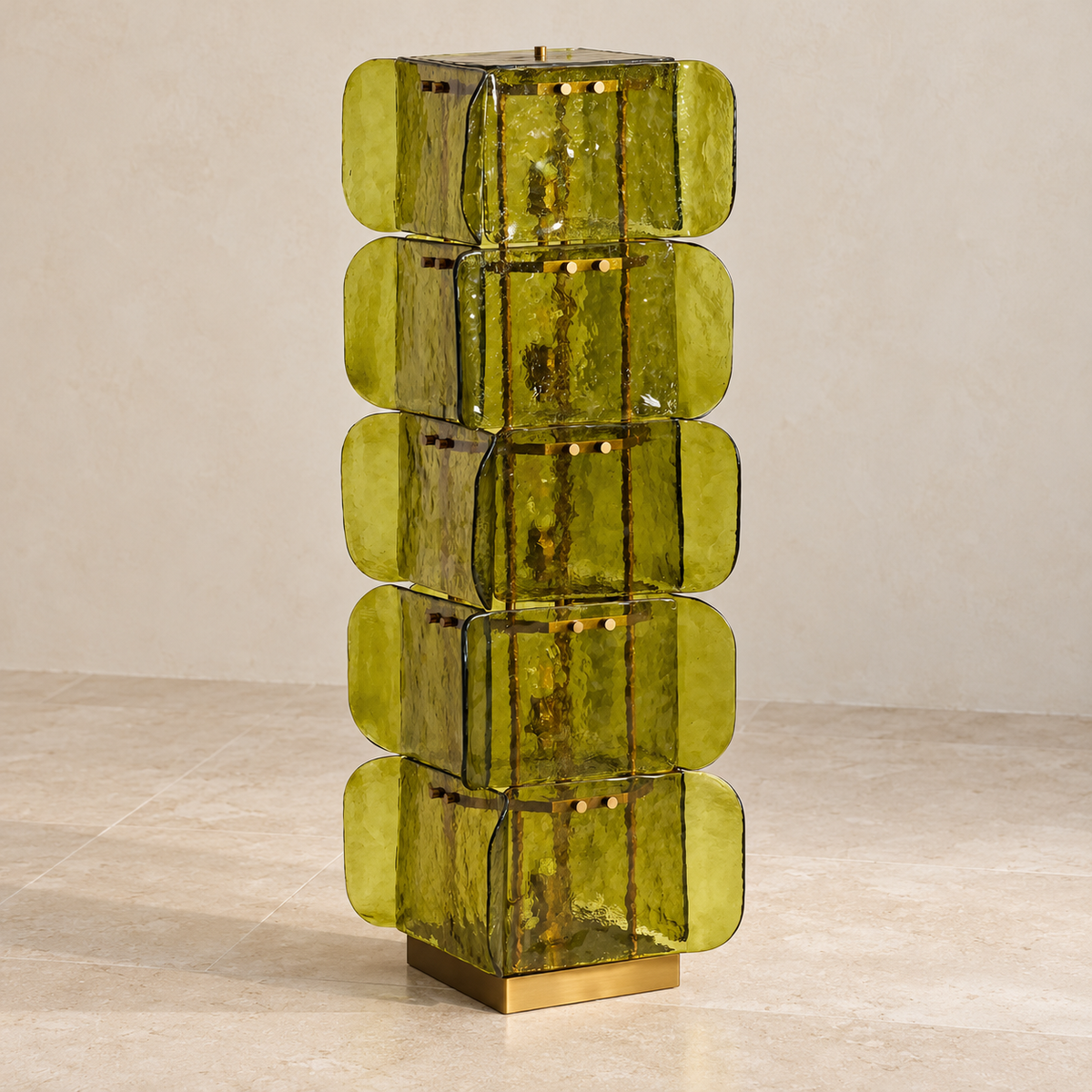 Five-tier green glass floor lamp with a metal frame and square base, switched off.