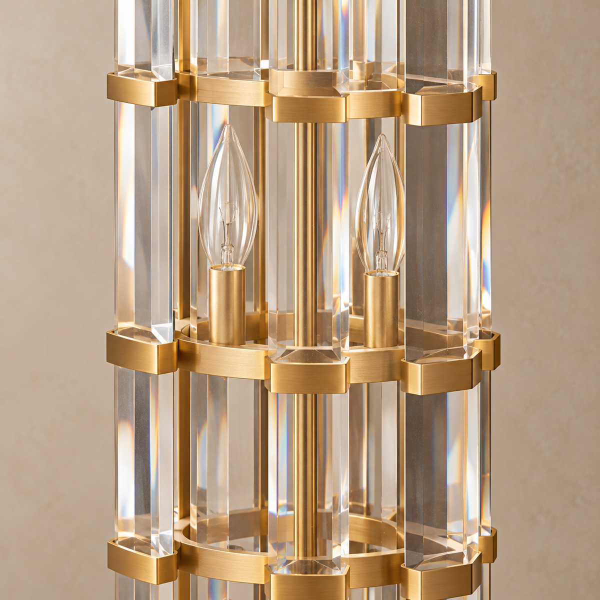 Close view of CLTAPE045 faceted crystal rods, gold metal holders and unlit candle bulbs.
