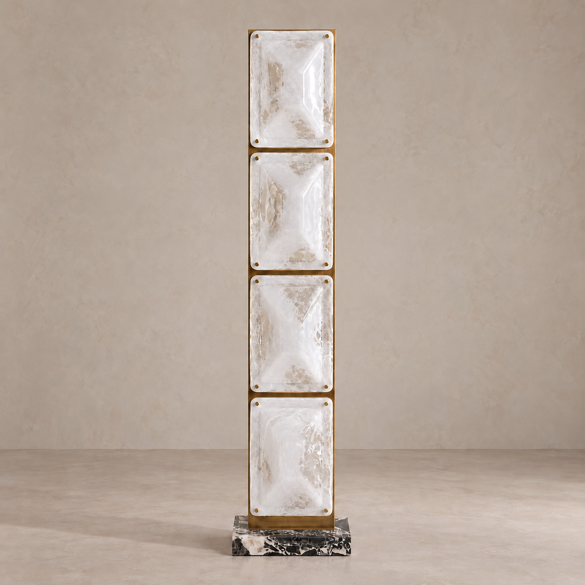 CLTPG160 floor lamp switched off, with four frosted glass panels, brass frame and veined stone base.