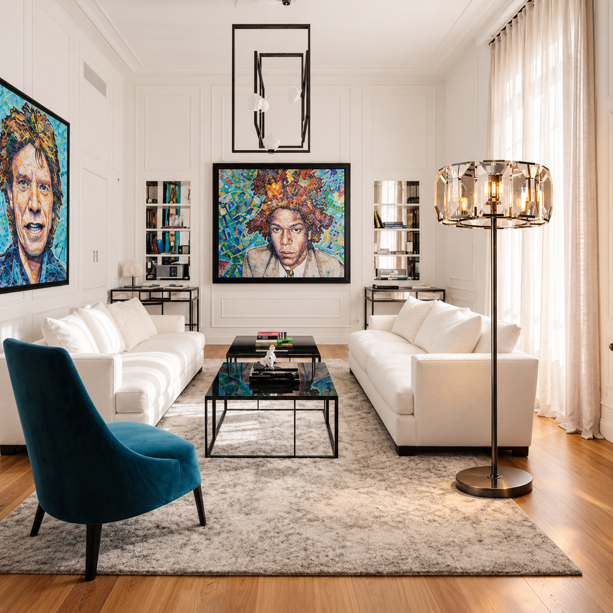 Trieste crystal floor lamp beside a white sofa in a daylit living room with contemporary art.