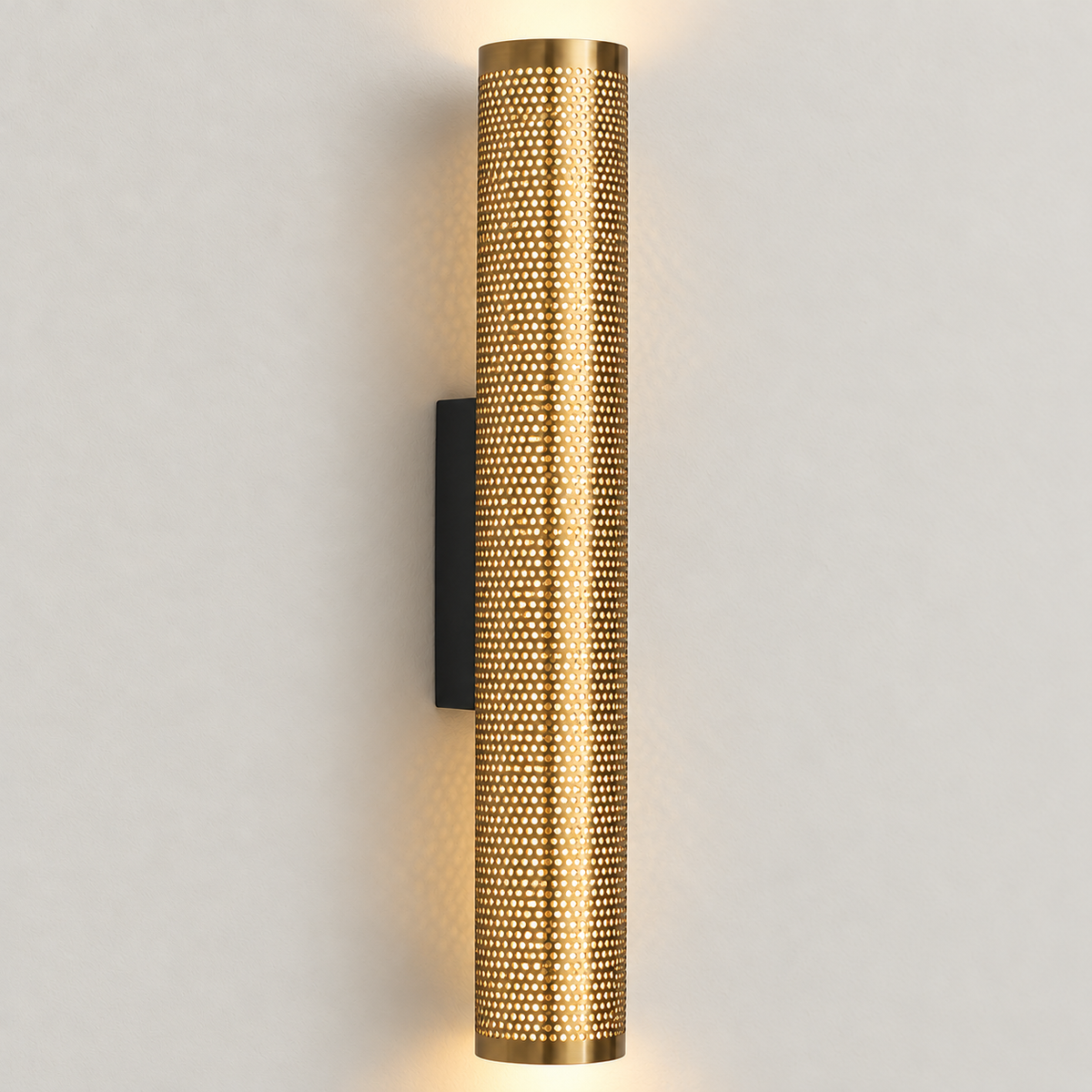 Light shining through the perforated brass cylinder shade.