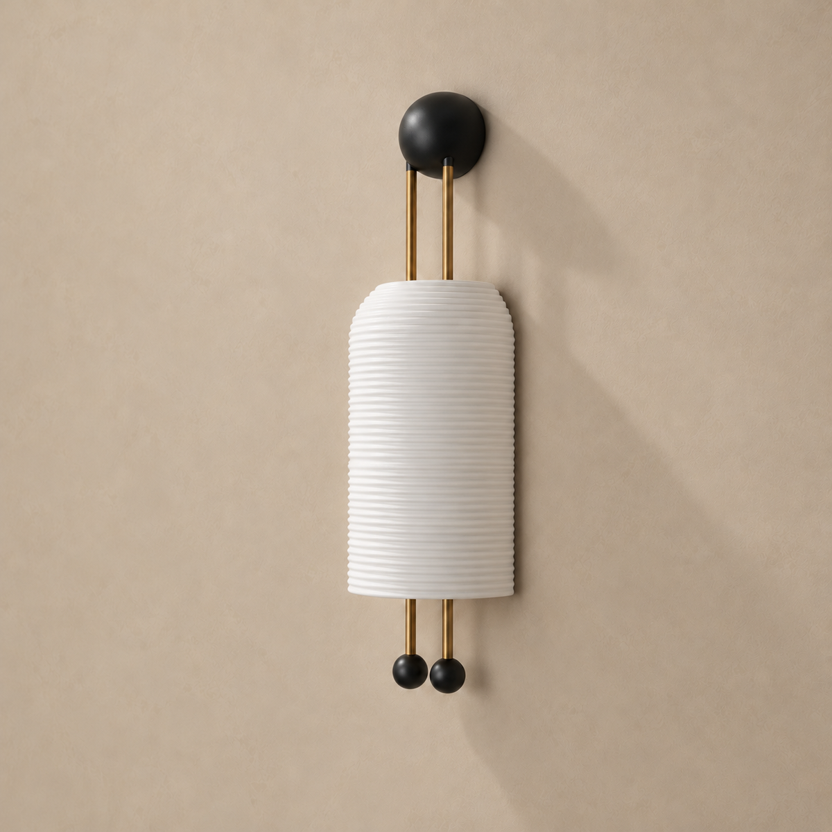 Angled view of Verona's matte ribbed ceramic shade and brass supports.