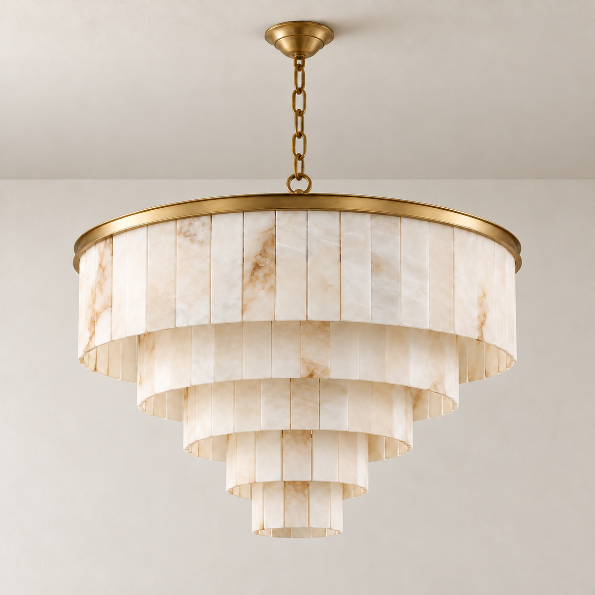 100 cm brass alabaster chandelier with 5 tiers, unlit.