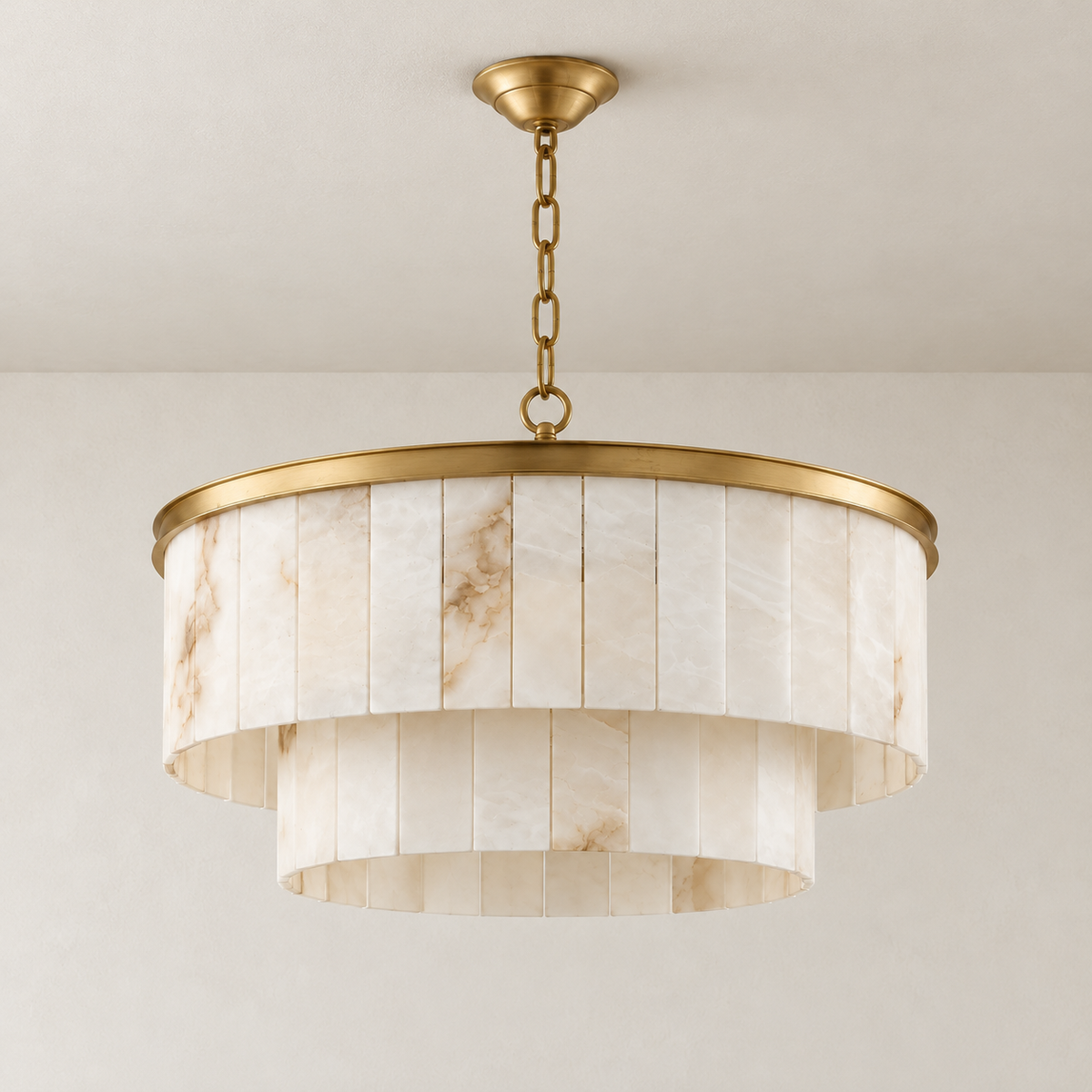45 cm brass alabaster chandelier with 2 tiers, unlit.
