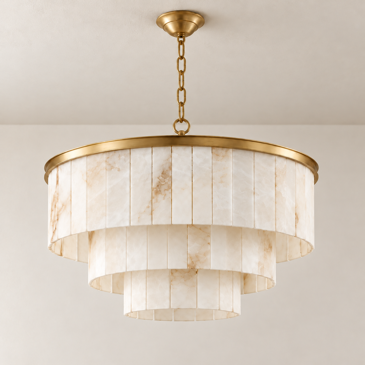 60 cm brass alabaster chandelier with 3 tiers, unlit.