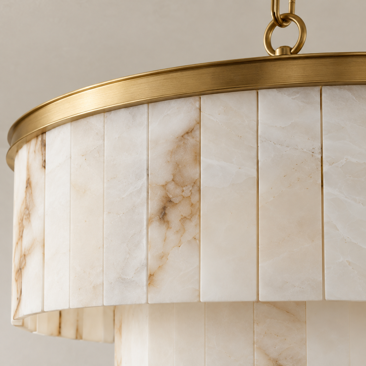 Close view of natural alabaster and brass fittings on the CLVVC0200 chandelier.