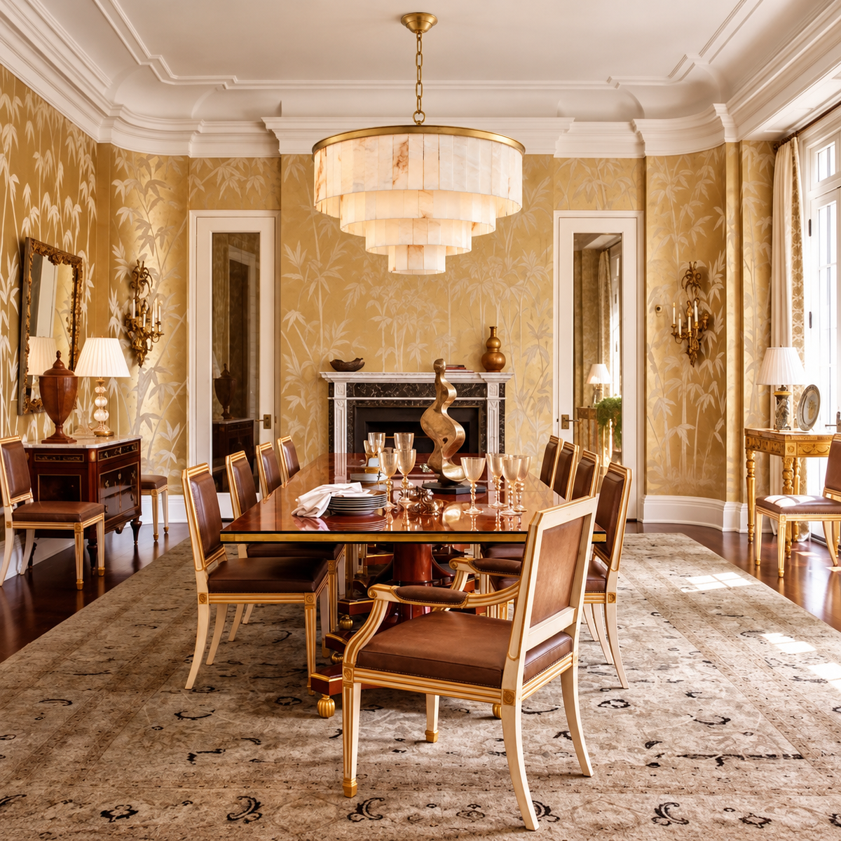 Brass four-tier alabaster chandelier installed above a dining table.