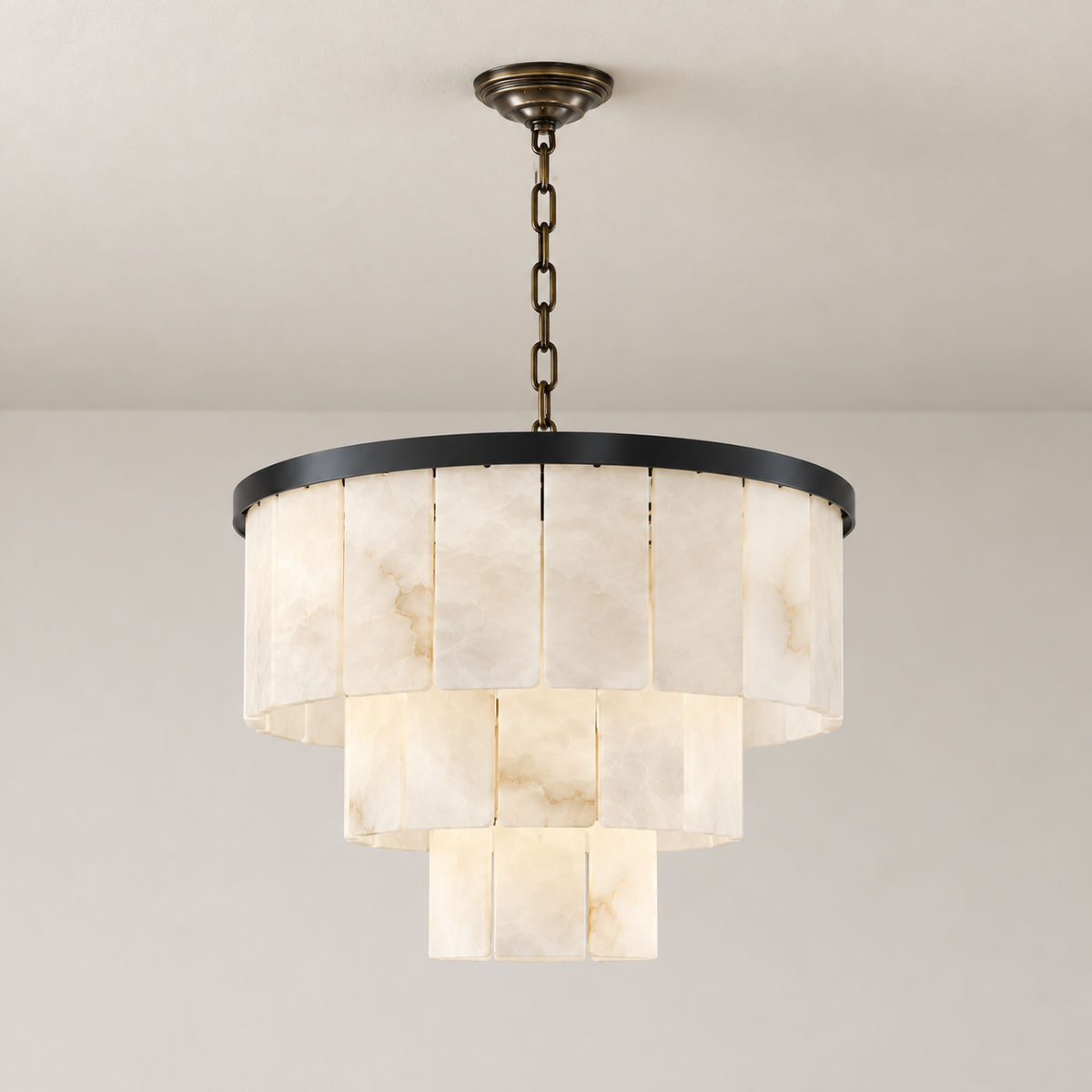 45 cm black alabaster chandelier with 3 tiers, unlit.